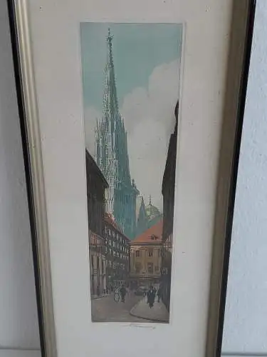 H868-original-Farbradierung-Innere Stadt-Stadtbild-Gemälde-signiert-gerahmt-Bild