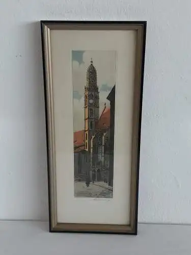 H869-original-Farbradierung-Wien-Gemälde-hinter Glas-Maria am Gestade-gerahmt-