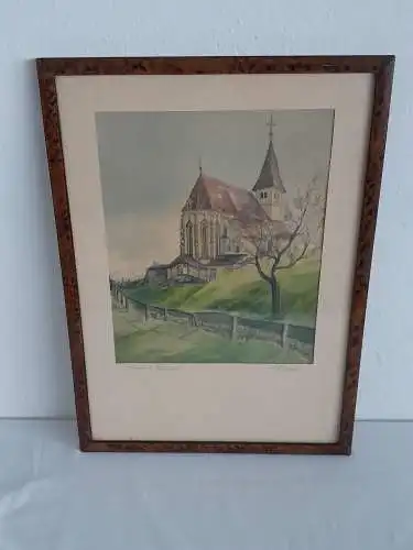 H879-Landschaftsbild-Aquarell-Kirche-Bild-Gemälde-signiert-gerahmt-Passepartout-