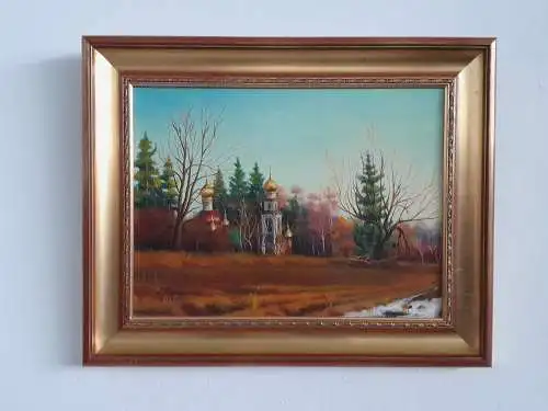 H881-Landschaftsbild-Öl auf Holz-Ölbild-Ölgemälde-"The last snow"-gerahmt-
