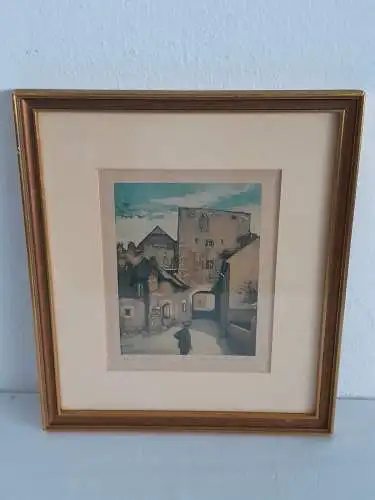 H884-Original-Radierung-Bild-Wachau-Dürnstein-gerahmt-signiert-Passepartout-