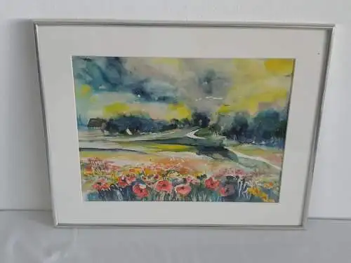 H886-Landschaftsbild-Aquarell-hinter Glas-Passepartout-signiert-gerahmt-Bild-