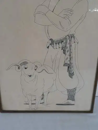 H889-Tuschezeichnung-Gemälde-Bild-gerahmt-hinter Glas-datiert-Mann mit Schaf-
