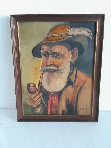 H901-Portrait-Gemälde-Bild-alter Mann mit Pfeiffe-gerahmt-signiert-