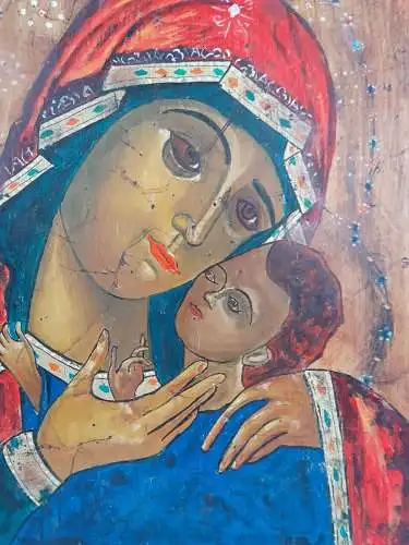 H905-Ikone-auf Holz-Heiligenbild-Frau mit Kind-