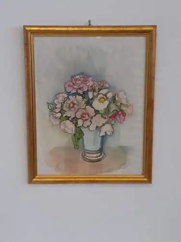 H923-Stillleben-Aquarell-Bild-Gemälde-signiert-gerahmt-datiert-Blumen-Malerei-