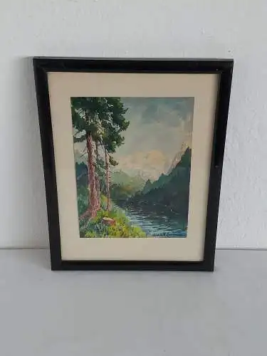 H915-Landschaftsbild-Aquarell-Gemälde-Bild-Passepartout-signiert-gerahmt-Malerei