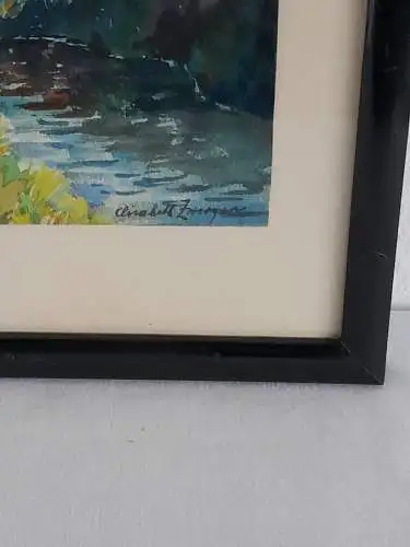 H915-Landschaftsbild-Aquarell-Gemälde-Bild-Passepartout-signiert-gerahmt-Malerei