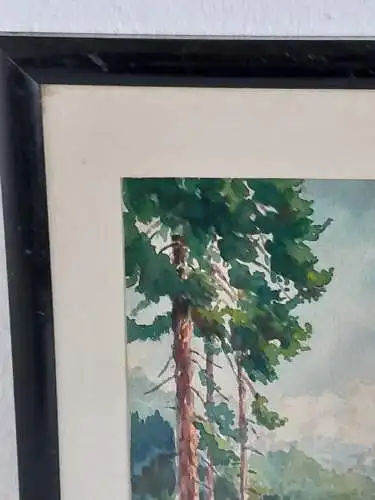 H915-Landschaftsbild-Aquarell-Gemälde-Bild-Passepartout-signiert-gerahmt-Malerei