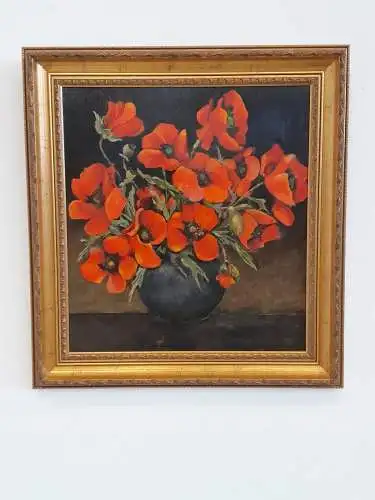 H925-Stillleben-Öl auf Leinen-Mohnblumen-Bild-Gemälde-gerahmt-Blumenvase-Ölbild-