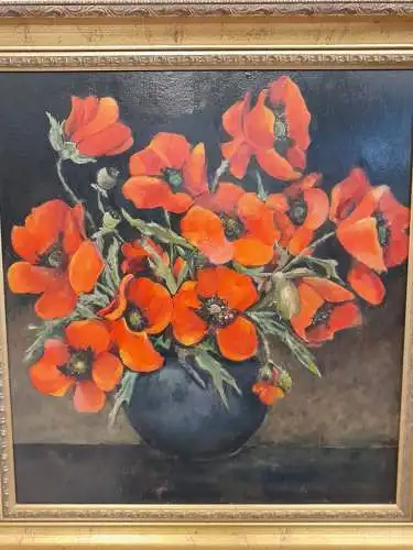 H925-Stillleben-Öl auf Leinen-Mohnblumen-Bild-Gemälde-gerahmt-Blumenvase-Ölbild-