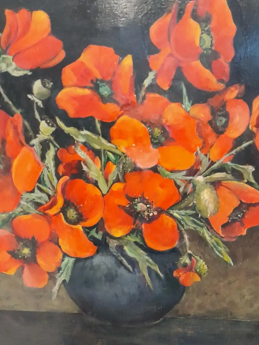 H925-Stillleben-Öl auf Leinen-Mohnblumen-Bild-Gemälde-gerahmt-Blumenvase-Ölbild- 3