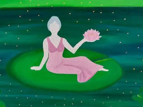 H685-Gemälde-Bild-Mischtechnik-Frau mit Wasserlilien-signiert-