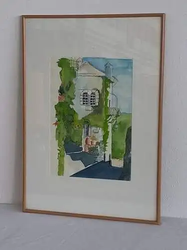 H1338-Aquarell-Stadtbild-monogrammiert-gerahmt-Passepartout-hinter Glas-