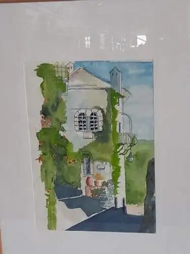 H1338-Aquarell-Stadtbild-monogrammiert-gerahmt-Passepartout-hinter Glas-