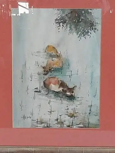 H1117-Aquarell-Tierbild-Gemälde-Bild-signiert-gerahmt-Passepartout-hinter Glas