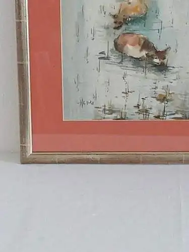 H1117-Aquarell-Tierbild-Gemälde-Bild-signiert-gerahmt-Passepartout-hinter Glas