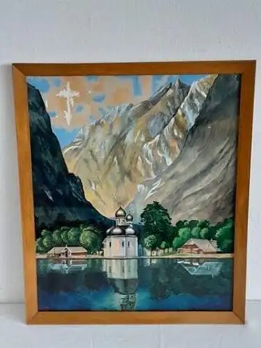 H1105-Landschaftsbild-Aquarell-Königsee-gerahmt-signiert-Bild-Gemälde-datiert-