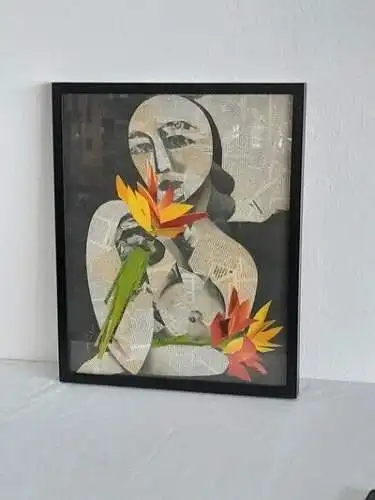 H1349-Collage-moderne Kunst-signiert-gerahmt-Bild-Gemälde-hinter Glas