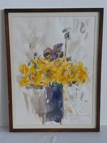 H1333-Aquarell-Stillleben-Gemälde-Bild-Passepartout-signiert-gerahmt-hinter Glas