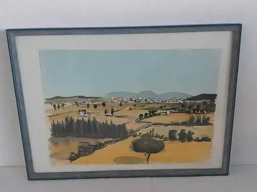 H1053-Aquarell-Landschaftsbild-Gemälde-Passepartout-gerahmt-Malerei-