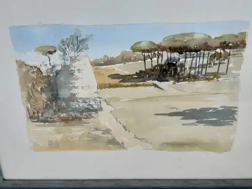 H1052-Aquarell-Landschaftsbild-Passepartout-gerahmt-Gemälde-