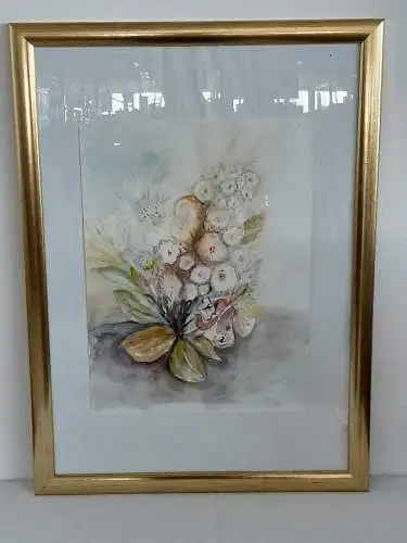 H1028-Aquarell-Gemälde-Bild-gerahmt-Passepartout-hinter Glas-Blumenbild-