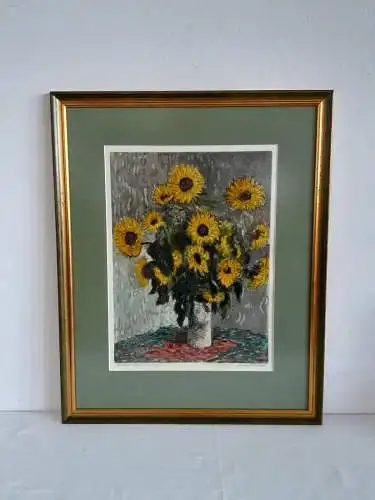 H1132-Radierung-handkoloriert-Sonnenblumen-Stillleben-signiert-gerahmt