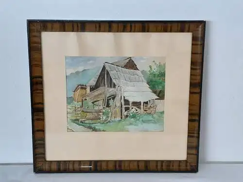 H1161-Aquarell-um 1900-die Waldhütte-Bild-Gemälde-Passepartout-signiert-gerahmt-