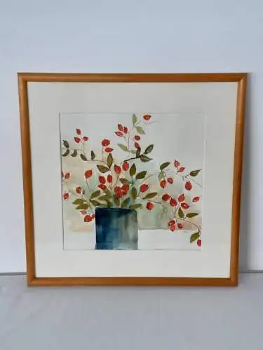 H1157-Aquarell-Bild-Gemälde-gerahmt-Passepartout-Monogrammiert-Blume-Malerei-