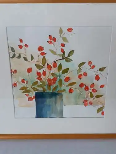 H1157-Aquarell-Bild-Gemälde-gerahmt-Passepartout-Monogrammiert-Blume-Malerei-