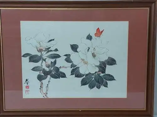 H1147-Asiatisches-Stillleben-Mischtechnik-auf Karton-gerahmt-Blumen-hinter Glas