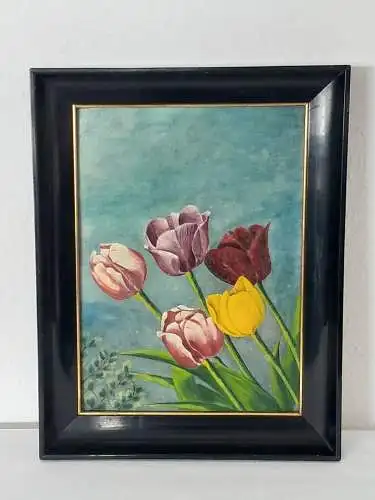 H1141-Stillleben-Öl auf Karton-Ölbild-Ölgemälde-Tulpen-gerahmt-Gemälde-