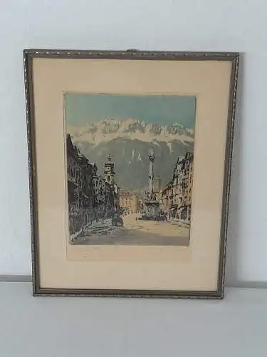 H1200-original-Radierung-Bild-Gemälde-Innsbruck-Stadtbild-signiert-gerahmt