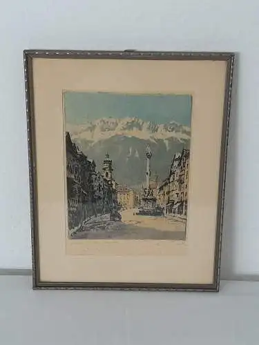 H1200-original-Radierung-Bild-Gemälde-Innsbruck-Stadtbild-signiert-gerahmt