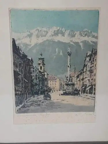 H1200-original-Radierung-Bild-Gemälde-Innsbruck-Stadtbild-signiert-gerahmt