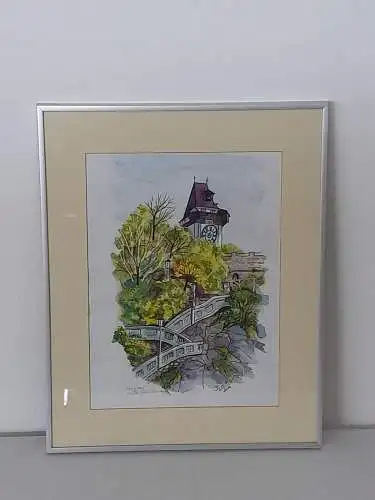 H1199-Bild-Tusche/Aquarell-Mischtechnik-Gemälde-signiert-gerahmt-datiert-Uhrturm