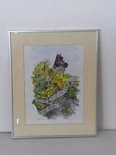 H1199-Bild-Tusche/Aquarell-Mischtechnik-Gemälde-signiert-gerahmt-datiert-Uhrturm