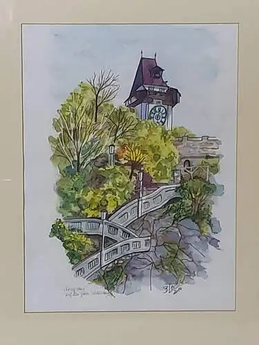 H1199-Bild-Tusche/Aquarell-Mischtechnik-Gemälde-signiert-gerahmt-datiert-Uhrturm