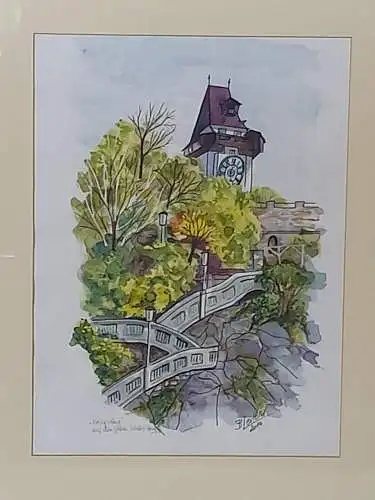 H1199-Bild-Tusche/Aquarell-Mischtechnik-Gemälde-signiert-gerahmt-datiert-Uhrturm
