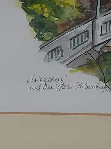 H1199-Bild-Tusche/Aquarell-Mischtechnik-Gemälde-signiert-gerahmt-datiert-Uhrturm