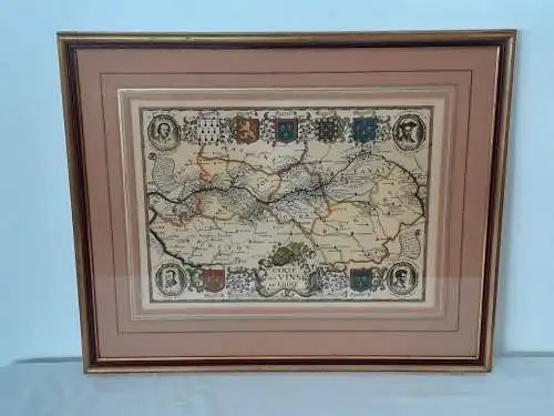 H1194-Colorierter Kupferstich-Landkarte-Bild-Gemälde-gerahmt-Passepartout-