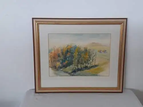 H1192-Aquarell-Landschaftsbild-Gemälde-Passepartout-gerahmt-signiert-datiert-