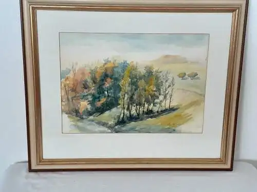 H1192-Aquarell-Landschaftsbild-Gemälde-Passepartout-gerahmt-signiert-datiert-