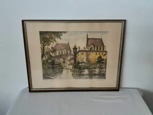 H1261-Colorierte Tuschezeichnung-Mödling bei Wien-Bild-Gemälde-gerahmt-signiert