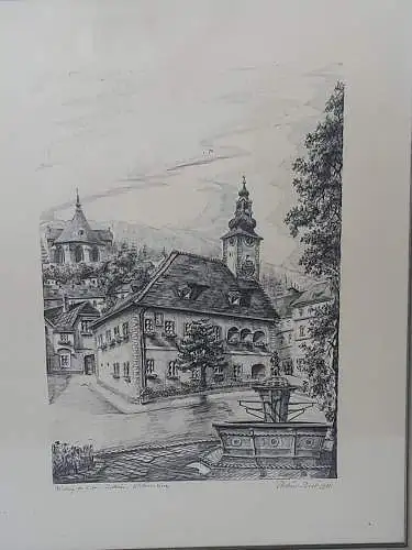 H1260-Tuschezeichnung-Mödling bei Wien-Gemälde-Bild-signiert-gerahmt-datiert