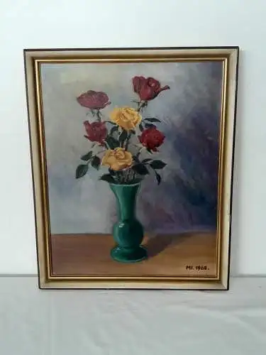 H1249-Stillleben-Blumen in einer Vase-Öl auf Holz-Ölbild-Ölgemälde-gerahmt-