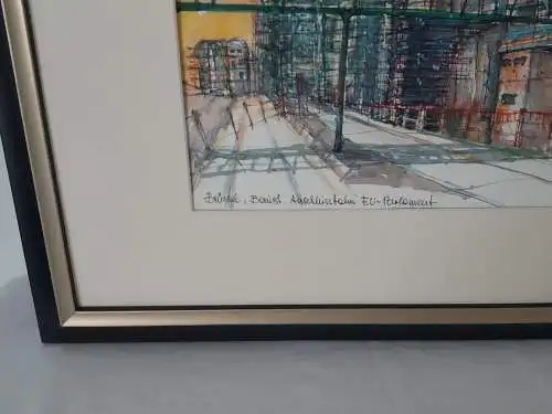 H1231-Aquarell-EU-Parlament-Brüssel-Gemälde-Bild-signiert-gerahmt-Passepartout