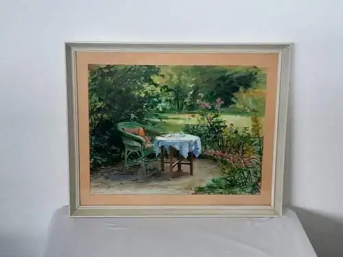 H1213-Aquarell-Gemälde-Bild-"Verlassenes Plätzchen"-Passepartout-hinter Glas-