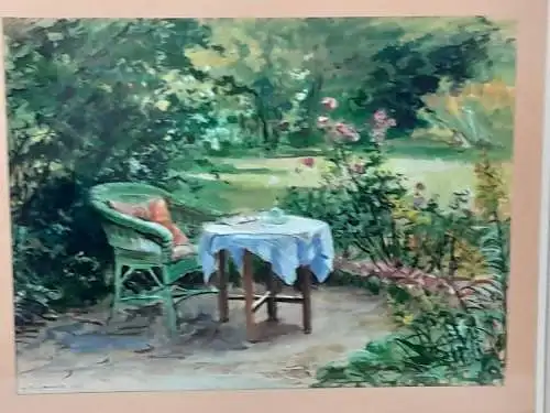 H1213-Aquarell-Gemälde-Bild-"Verlassenes Plätzchen"-Passepartout-hinter Glas-